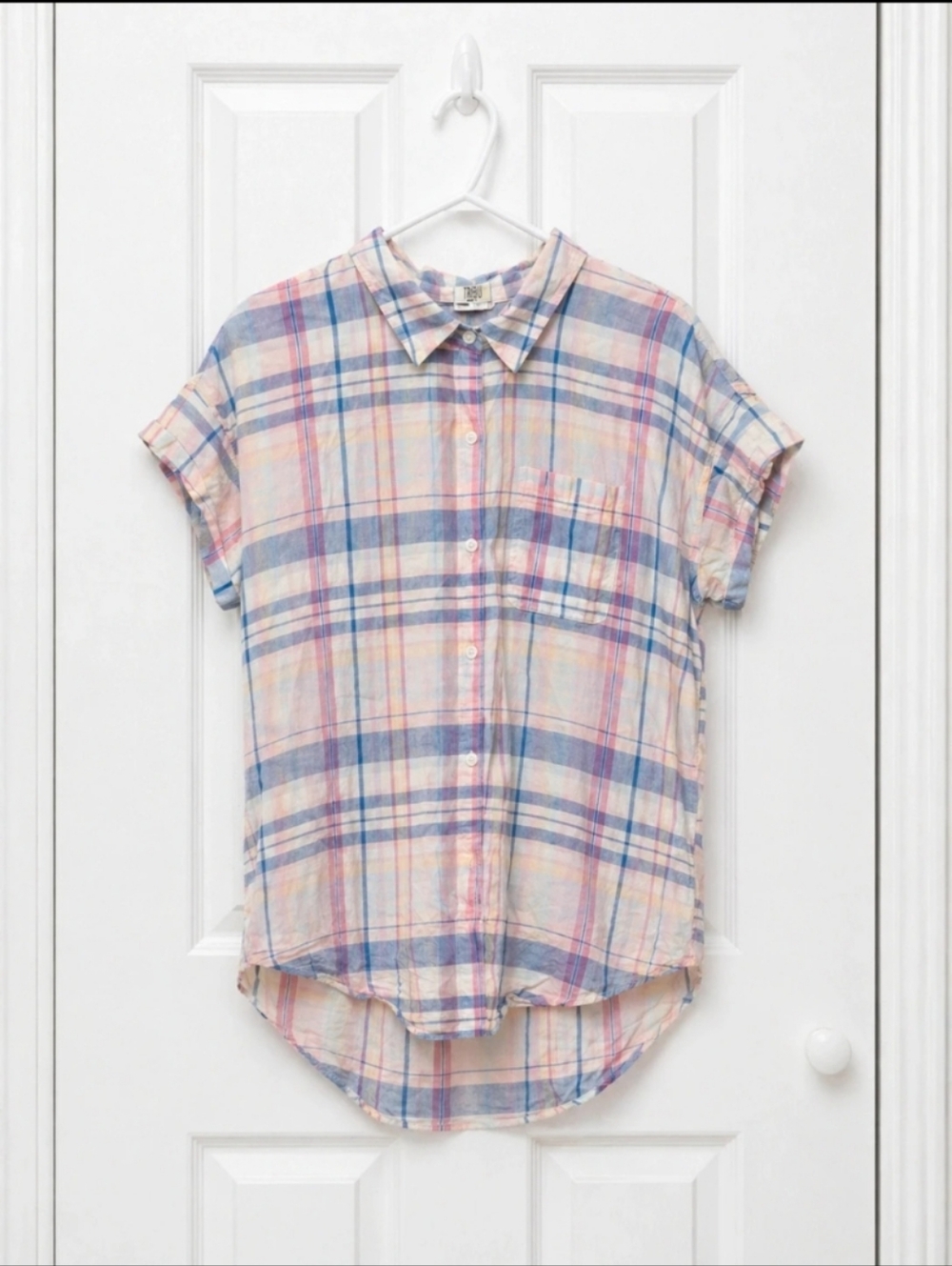 True Craft Plaid Button Up Shirt Women’s Large NWT Short Sleeve Pastel